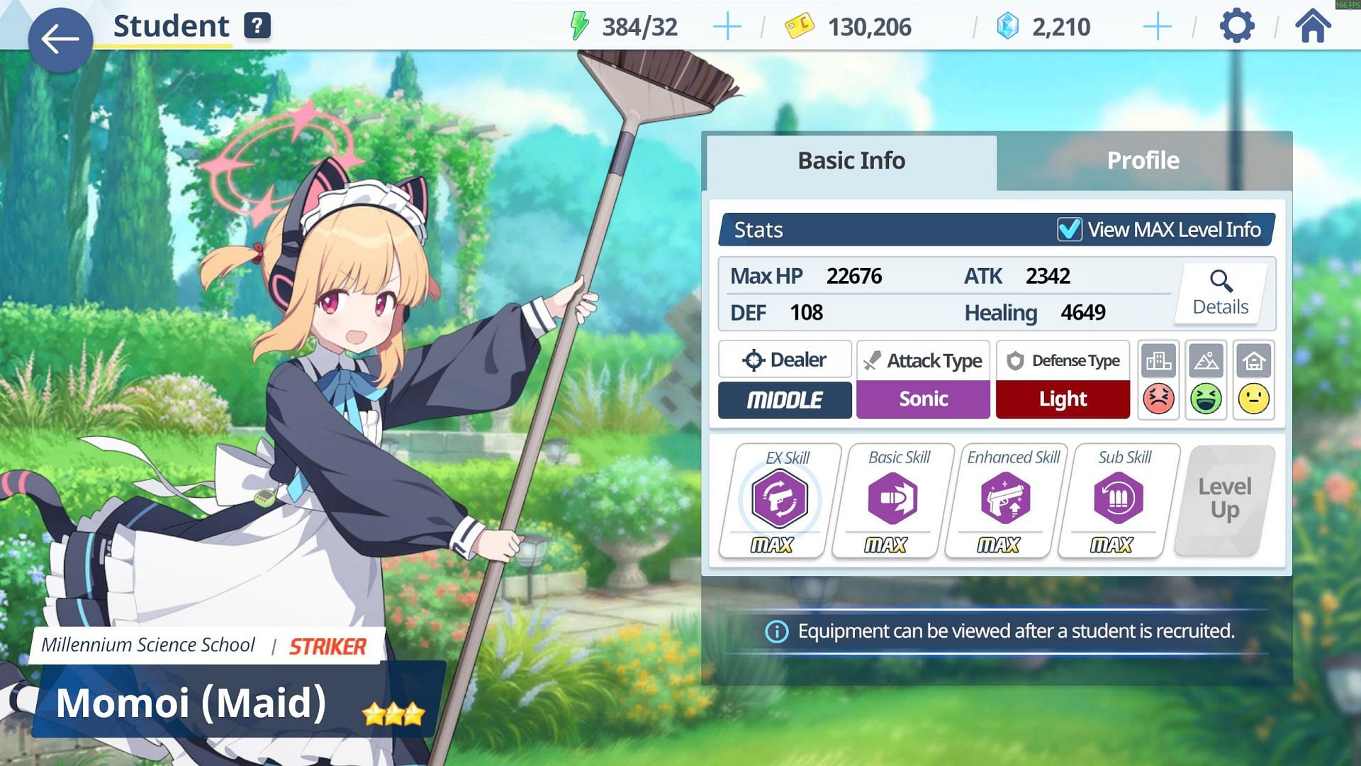 Max stats for Momoi (Maid) in Blue Archive (Image via Nexon)